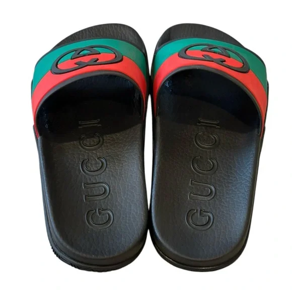 Gucci Signature Classic Stripe Rubber GG Logo Interlock Slides Sandals NWT 40